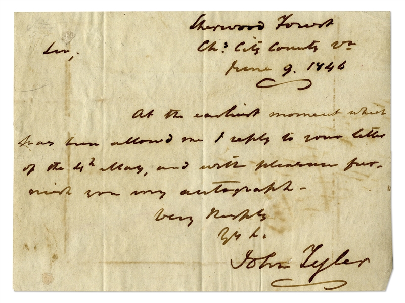 John Tyler Autograph Letter Signed -- ''...with pleasure furnish you my autograph...''